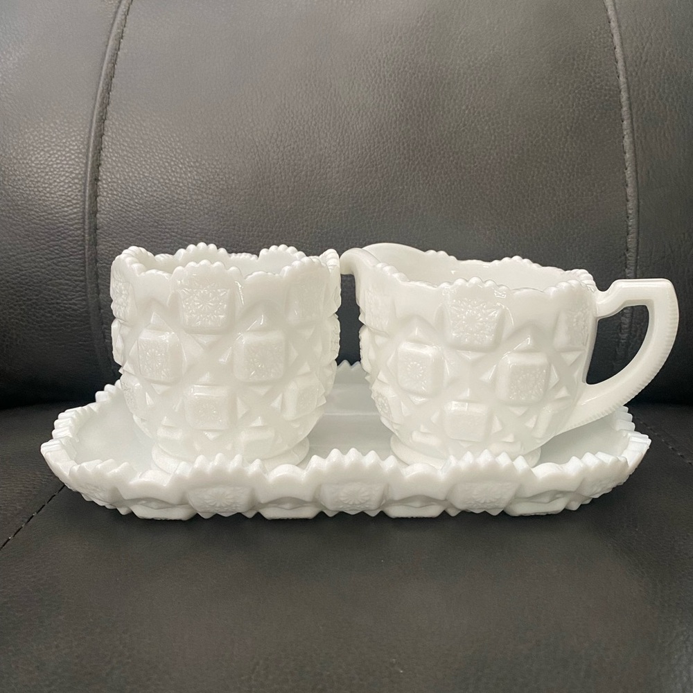 Vintage Westmoreland Milk Glass Large Old Quilt Sugar and Creamer Set on Tray